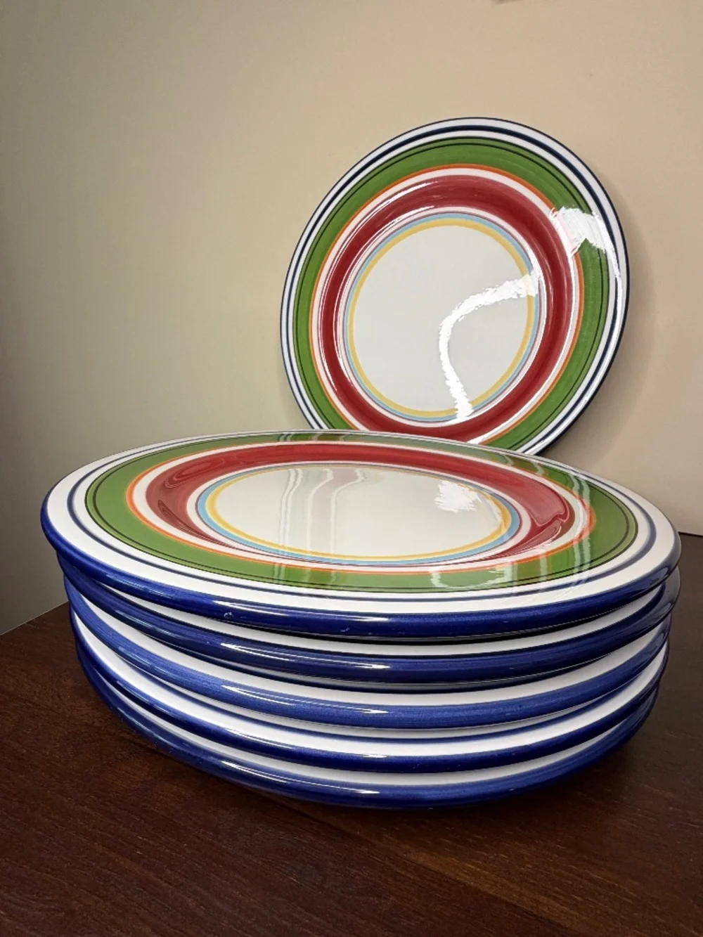 Pottery Barn Espadrille Stripe Dinner Plates Set of 7 Hand Painted 12.5